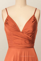 Stylish Outfit, Rust Color V Neck Long Party Dress