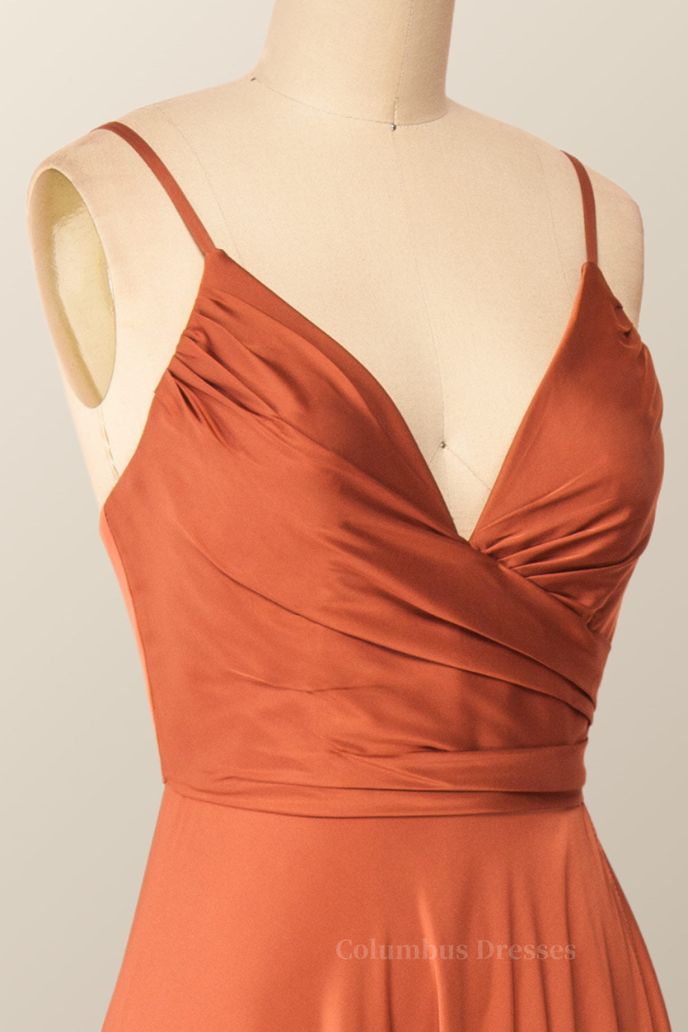 Party Dress Ideas For Curvy Figure, Rust Color V Neck Long Party Dress