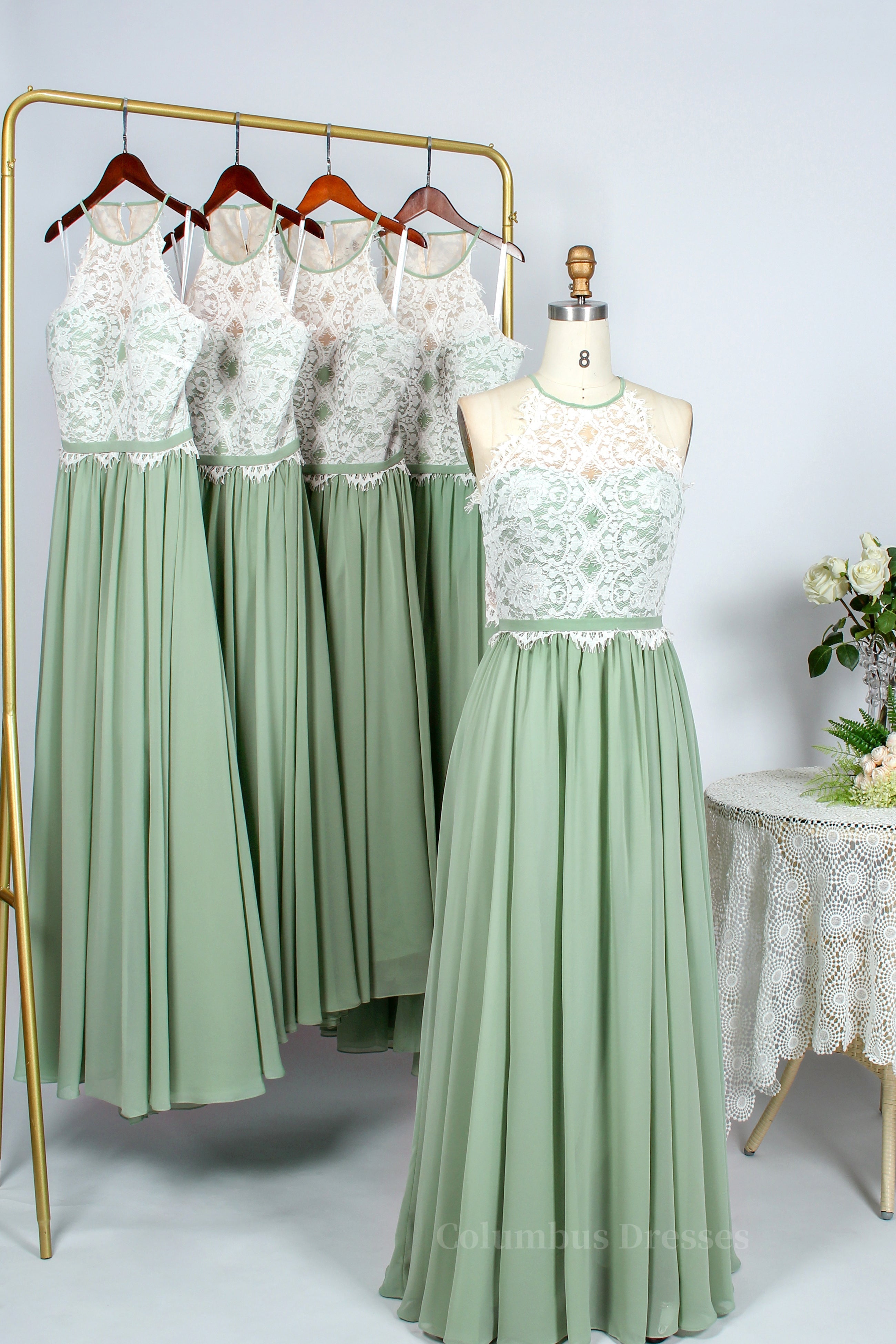 Homecoming Dresses Formal, Sage Green Chiffon and Halter White Lace Long Bridesmaid Dress Main image