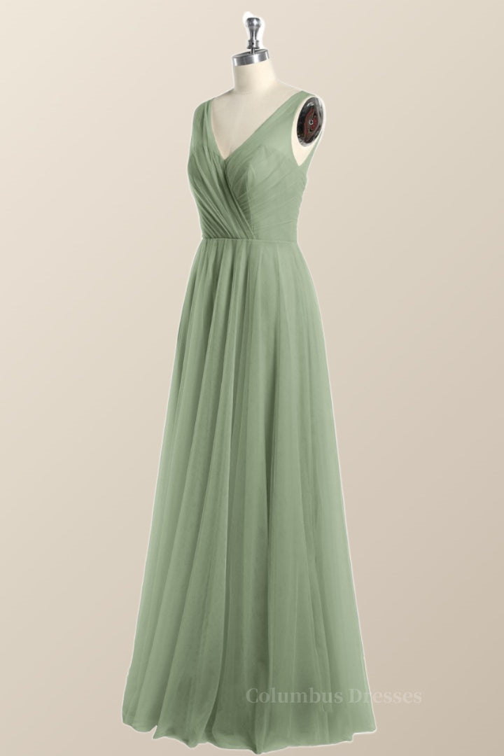 Homecoming Dress Vintage, Sage Green V Neck A-line Long Bridesmaid Dress Main image