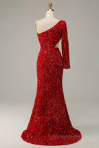 Bridesmaid Dresses Shop, Scarlet Mermaid One Shoulder Satin Long Sleeve Silt Long Prom Dress