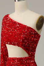 Bridesmaids Dresses Satin, Scarlet Mermaid One Shoulder Satin Long Sleeve Silt Long Prom Dress