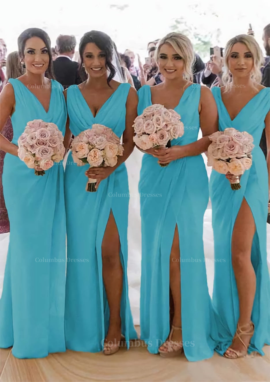Party Dresses Outfit, Sheath/Column Cowl Neck Sleeveless Chiffon Bridesmaid Dresses With Pleated Split