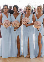 Party Dress Shopping, Sheath/Column Cowl Neck Sleeveless Chiffon Bridesmaid Dresses With Pleated Split