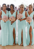 Party Dress Shops, Sheath/Column Cowl Neck Sleeveless Chiffon Bridesmaid Dresses With Pleated Split
