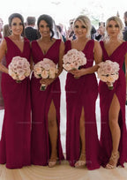 Party Dresses Shops, Sheath/Column Cowl Neck Sleeveless Chiffon Bridesmaid Dresses With Pleated Split