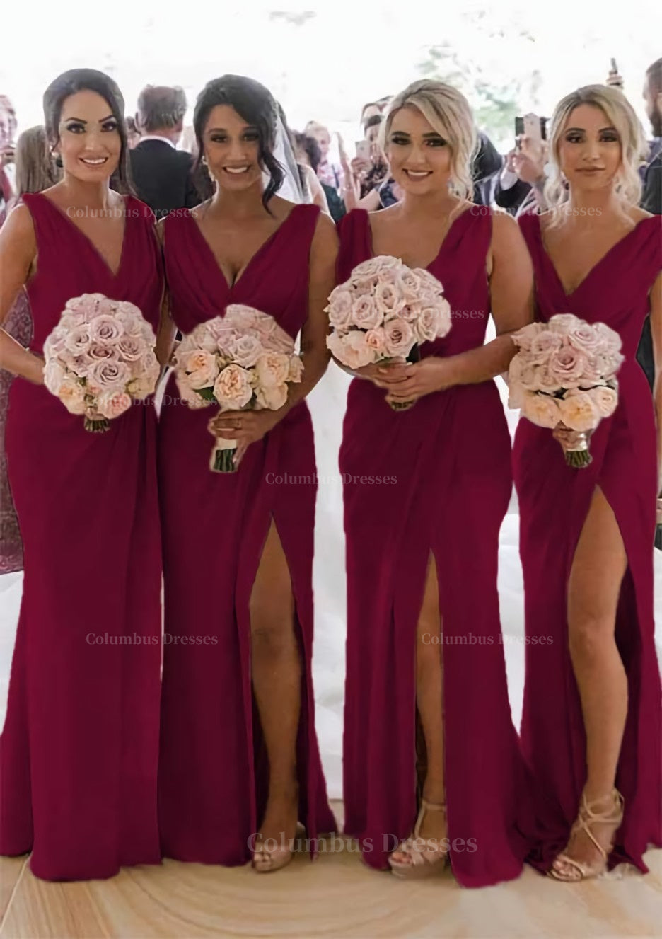 Party Dresses Shops, Sheath/Column Cowl Neck Sleeveless Chiffon Bridesmaid Dresses With Pleated Split