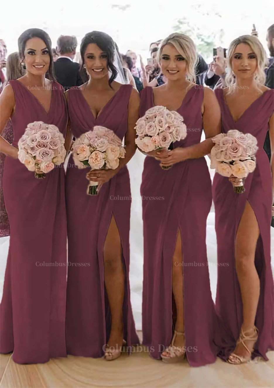 Party Dresses Shopping, Sheath/Column Cowl Neck Sleeveless Chiffon Bridesmaid Dresses With Pleated Split