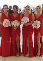 Party Dress Near Me, Sheath/Column Cowl Neck Sleeveless Chiffon Bridesmaid Dresses With Pleated Split