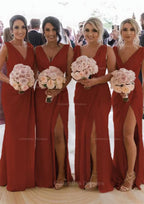 Party Dresses Near Me, Sheath/Column Cowl Neck Sleeveless Chiffon Bridesmaid Dresses With Pleated Split