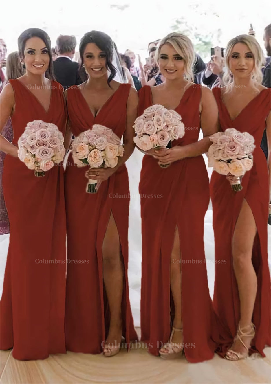 Party Dresses Near Me, Sheath/Column Cowl Neck Sleeveless Chiffon Bridesmaid Dresses With Pleated Split