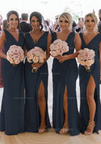 Party Dress Designs, Sheath/Column Cowl Neck Sleeveless Chiffon Bridesmaid Dresses With Pleated Split