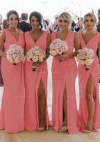 Party Dresses Sales, Sheath/Column Cowl Neck Sleeveless Chiffon Bridesmaid Dresses With Pleated Split