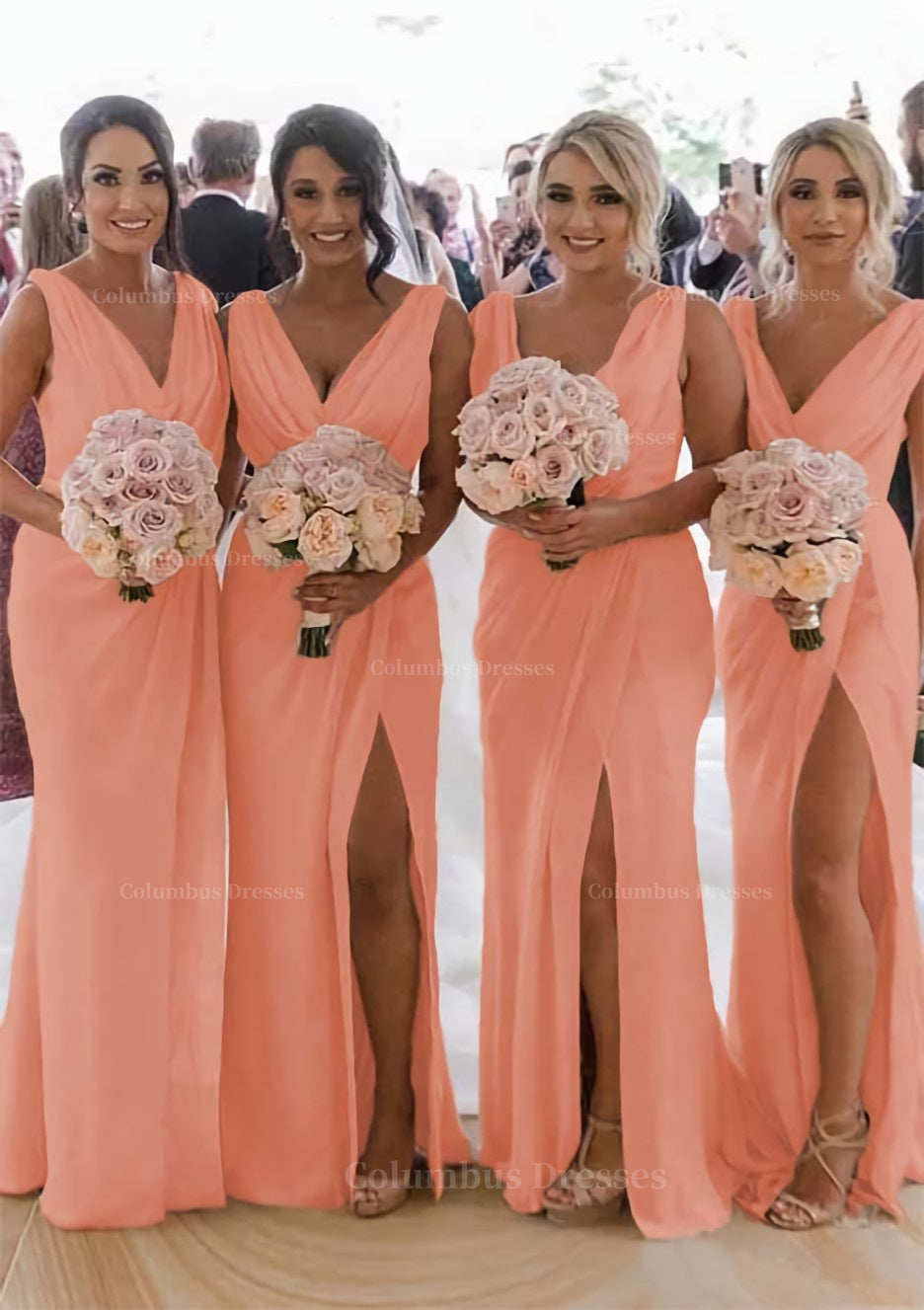Party Dress Sales, Sheath/Column Cowl Neck Sleeveless Chiffon Bridesmaid Dresses With Pleated Split