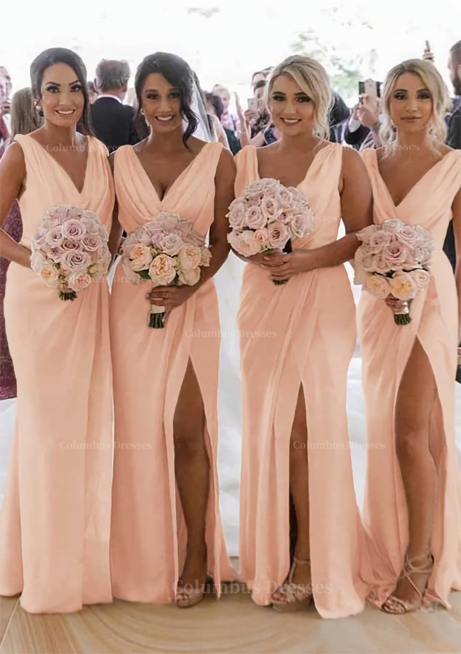 Party Dresses Sale, Sheath/Column Cowl Neck Sleeveless Chiffon Bridesmaid Dresses With Pleated Split
