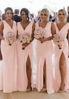 Party Dress Dresses, Sheath/Column Cowl Neck Sleeveless Chiffon Bridesmaid Dresses With Pleated Split