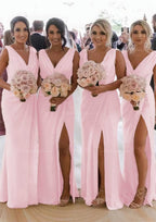 Party Dress Dress, Sheath/Column Cowl Neck Sleeveless Chiffon Bridesmaid Dresses With Pleated Split