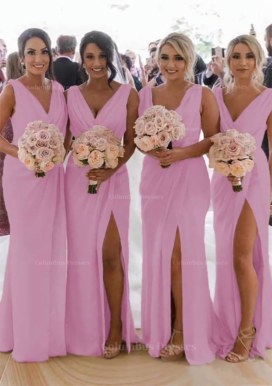 Party Dresses Styles, Sheath/Column Cowl Neck Sleeveless Chiffon Bridesmaid Dresses With Pleated Split