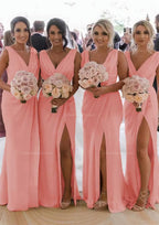 Party Dress Hair Style, Sheath/Column Cowl Neck Sleeveless Chiffon Bridesmaid Dresses With Pleated Split