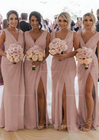Party Dress Dress Up, Sheath/Column Cowl Neck Sleeveless Chiffon Bridesmaid Dresses With Pleated Split