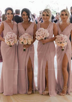 Party Dresses Store, Sheath/Column Cowl Neck Sleeveless Chiffon Bridesmaid Dresses With Pleated Split