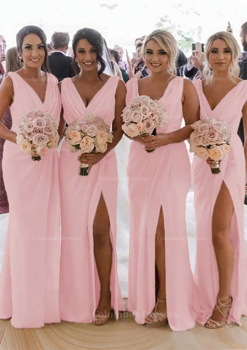 Party Dresses Stores, Sheath/Column Cowl Neck Sleeveless Chiffon Bridesmaid Dresses With Pleated Split