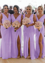 Party Dress Store, Sheath/Column Cowl Neck Sleeveless Chiffon Bridesmaid Dresses With Pleated Split