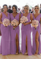 Party Dresses Formal, Sheath/Column Cowl Neck Sleeveless Chiffon Bridesmaid Dresses With Pleated Split