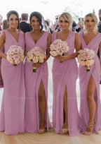 Party Dress Formal, Sheath/Column Cowl Neck Sleeveless Chiffon Bridesmaid Dresses With Pleated Split