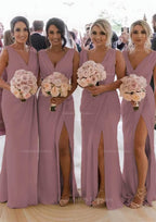 Party Dress Shops Near Me, Sheath/Column Cowl Neck Sleeveless Chiffon Bridesmaid Dresses With Pleated Split