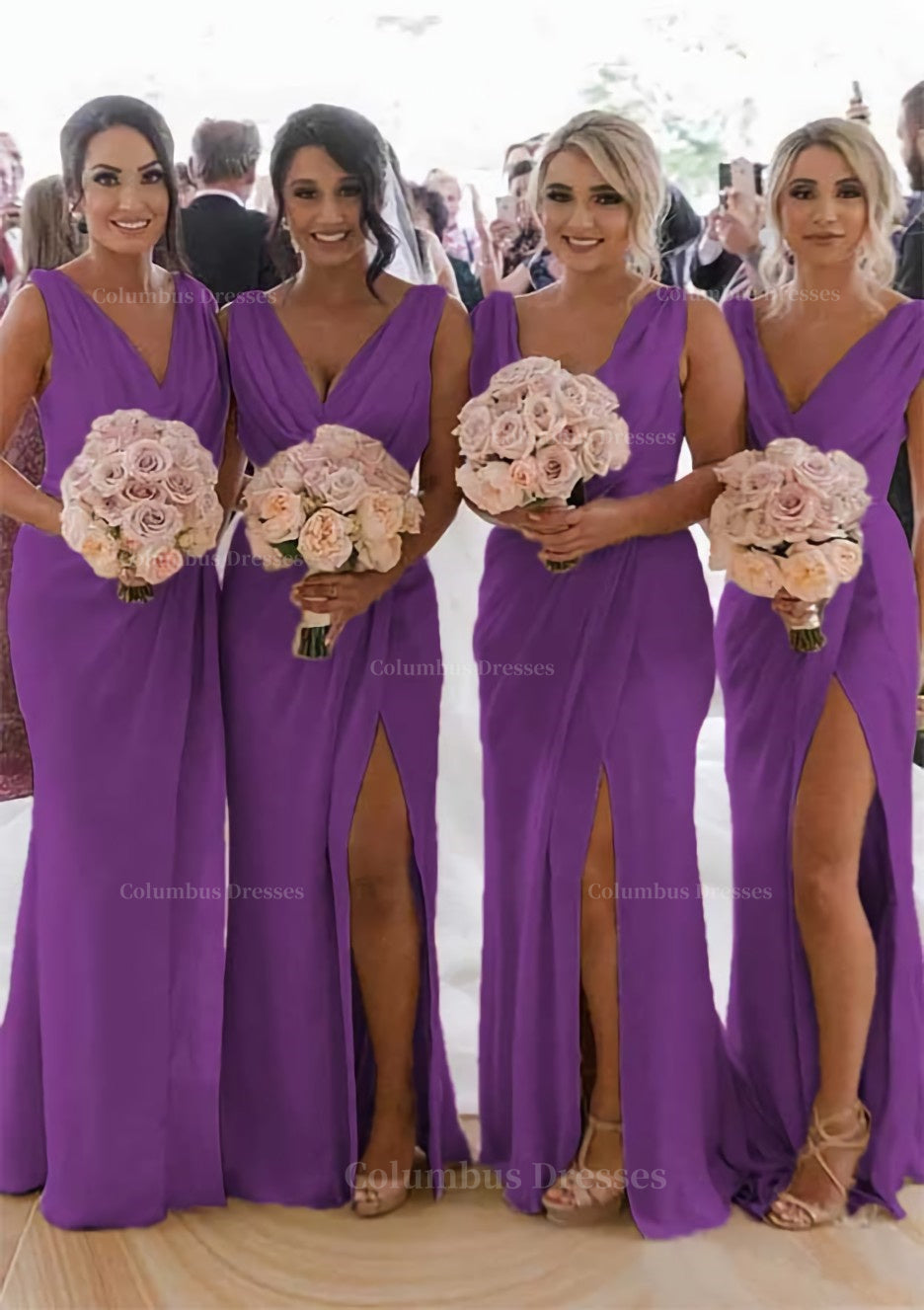Party Dress Shop Near Me, Sheath/Column Cowl Neck Sleeveless Chiffon Bridesmaid Dresses With Pleated Split