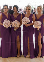 Party Dress Fancy, Sheath/Column Cowl Neck Sleeveless Chiffon Bridesmaid Dresses With Pleated Split