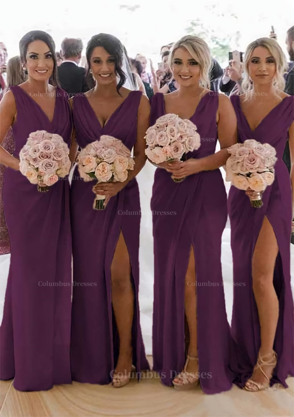 Party Dress Fancy, Sheath/Column Cowl Neck Sleeveless Chiffon Bridesmaid Dresses With Pleated Split