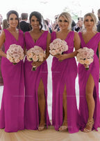 Party Dress On Line, Sheath/Column Cowl Neck Sleeveless Chiffon Bridesmaid Dresses With Pleated Split