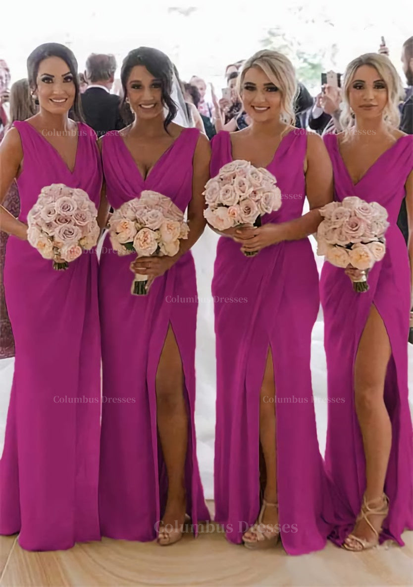 Party Dress On Line, Sheath/Column Cowl Neck Sleeveless Chiffon Bridesmaid Dresses With Pleated Split
