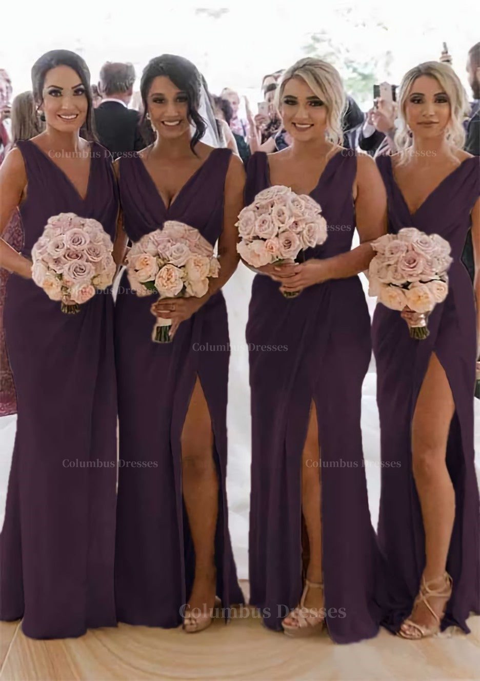 Party Dress In Store, Sheath/Column Cowl Neck Sleeveless Chiffon Bridesmaid Dresses With Pleated Split