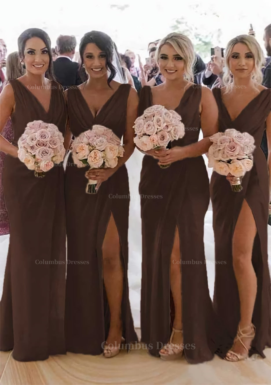 Party Dresses In Store, Sheath/Column Cowl Neck Sleeveless Chiffon Bridesmaid Dresses With Pleated Split