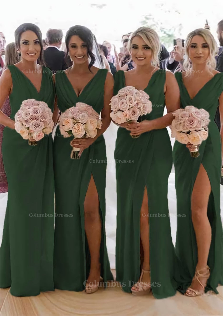 Party Dresses 2046, Sheath/Column Cowl Neck Sleeveless Chiffon Bridesmaid Dresses With Pleated Split