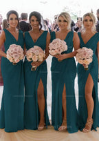 Party Dress Cheap, Sheath/Column Cowl Neck Sleeveless Chiffon Bridesmaid Dresses With Pleated Split