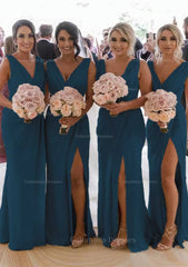 Party Dress Maxi, Sheath/Column Cowl Neck Sleeveless Chiffon Bridesmaid Dresses With Pleated Split