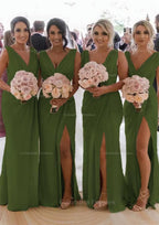 Party Dress 2047, Sheath/Column Cowl Neck Sleeveless Chiffon Bridesmaid Dresses With Pleated Split
