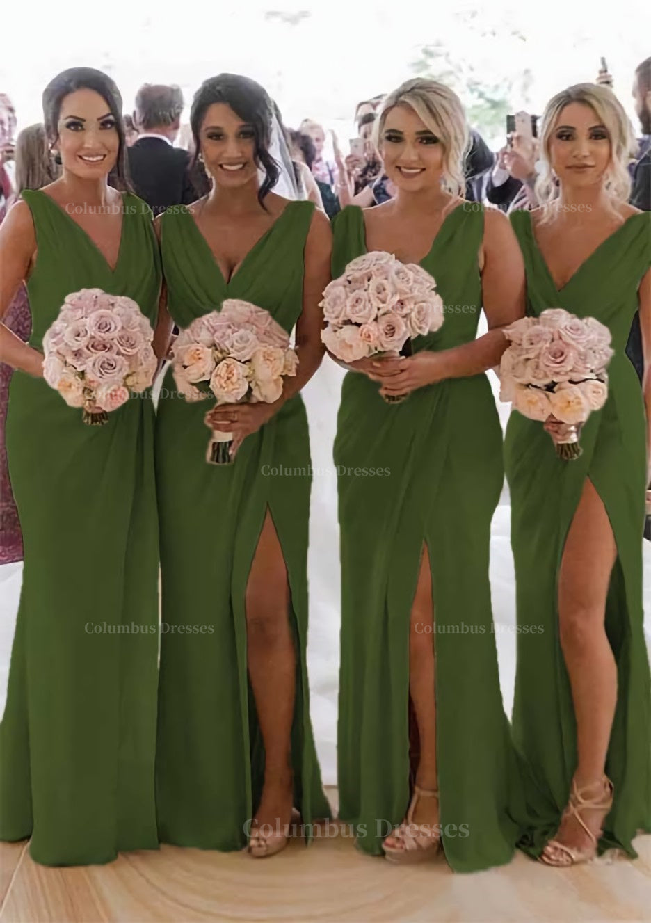 Party Dress 2047, Sheath/Column Cowl Neck Sleeveless Chiffon Bridesmaid Dresses With Pleated Split