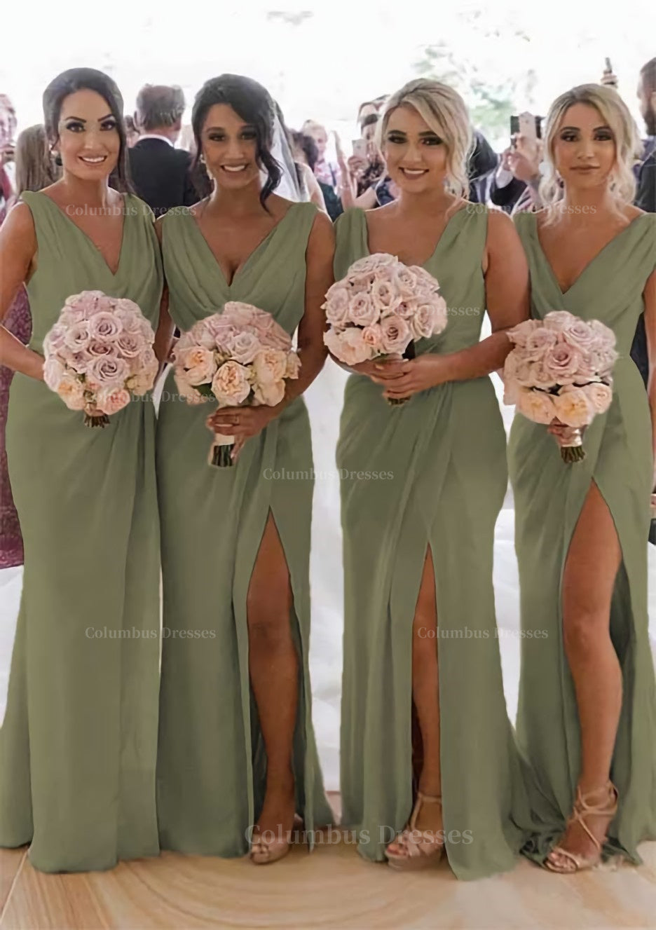 Party Dress Lady, Sheath/Column Cowl Neck Sleeveless Chiffon Bridesmaid Dresses With Pleated Split