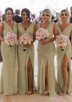Party Dress Ladies, Sheath/Column Cowl Neck Sleeveless Chiffon Bridesmaid Dresses With Pleated Split