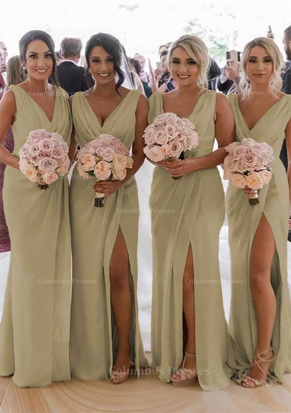 Party Dress Ladies, Sheath/Column Cowl Neck Sleeveless Chiffon Bridesmaid Dresses With Pleated Split
