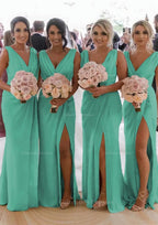 Party Dresses For Teen, Sheath/Column Cowl Neck Sleeveless Chiffon Bridesmaid Dresses With Pleated Split
