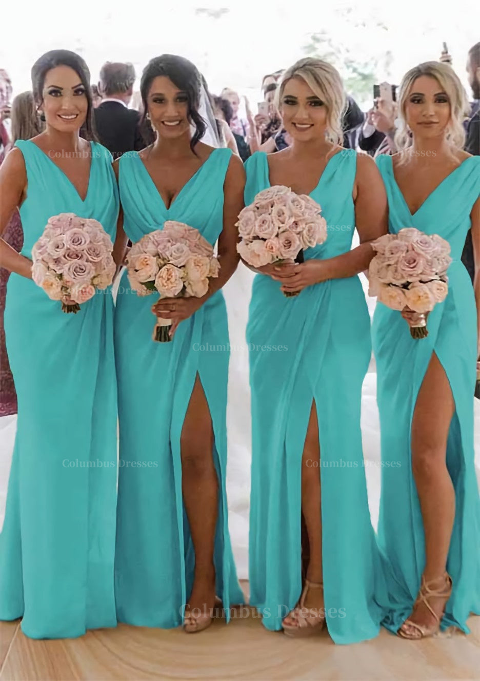 Party Dress Website, Sheath/Column Cowl Neck Sleeveless Chiffon Bridesmaid Dresses With Pleated Split