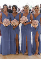 Party Dress Casual, Sheath/Column Cowl Neck Sleeveless Chiffon Bridesmaid Dresses With Pleated Split