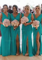 Party Dresses Website, Sheath/Column Cowl Neck Sleeveless Chiffon Bridesmaid Dresses With Pleated Split