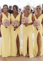 Party Dresses Websites, Sheath/Column Cowl Neck Sleeveless Chiffon Bridesmaid Dresses With Pleated Split